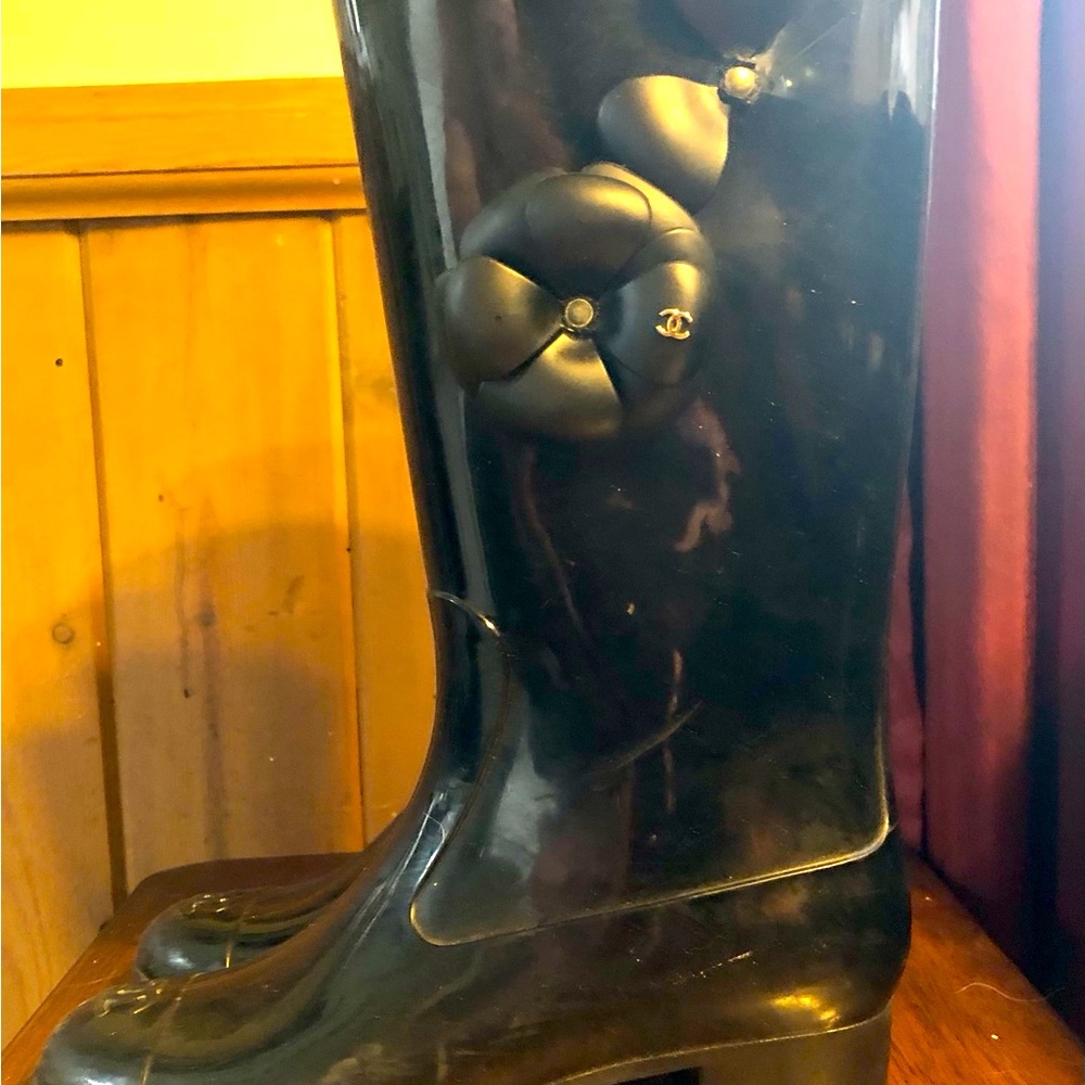 Chanel Black Rubber CC Camellia Rain Boots Size 38